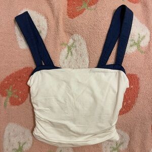 Free People White and Blue Ruched Crop Tank